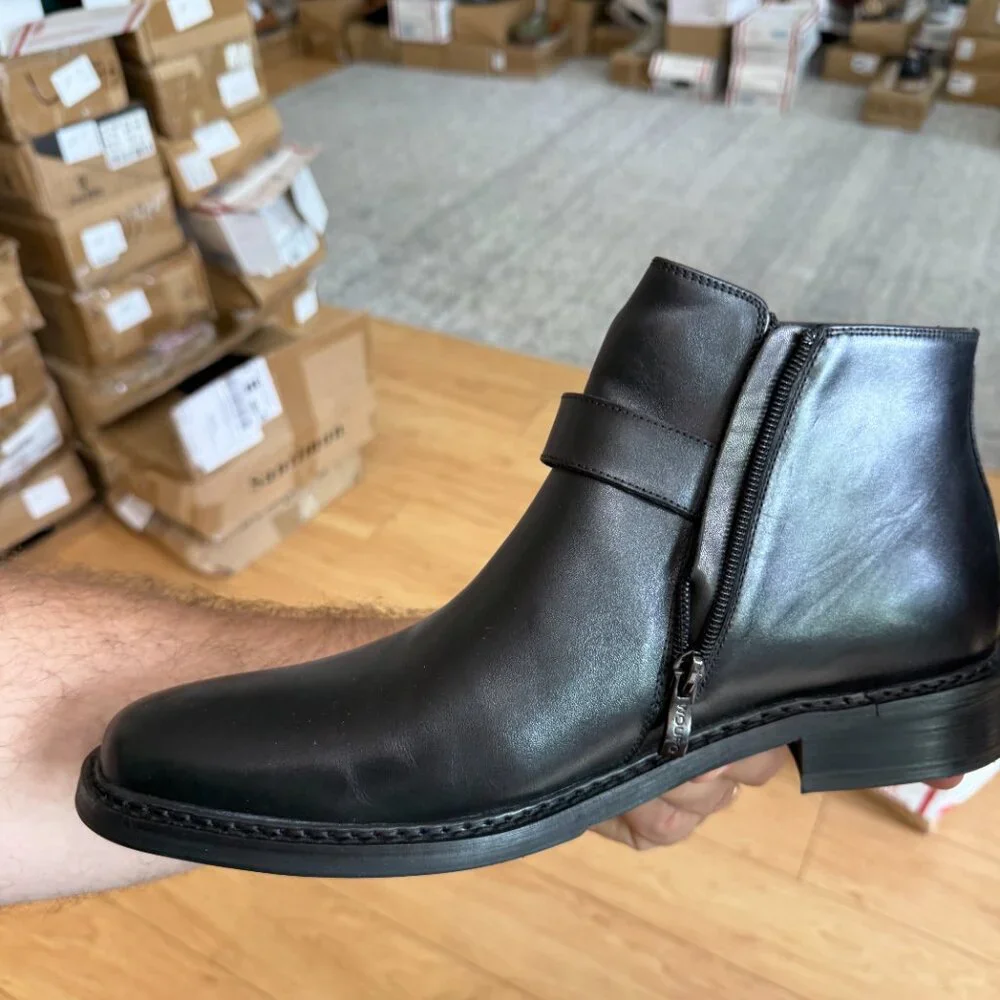 Santimon Men's US 7 - 10 Black Leather Chelsea Monk Strap Ankle Boots Zipper Buc